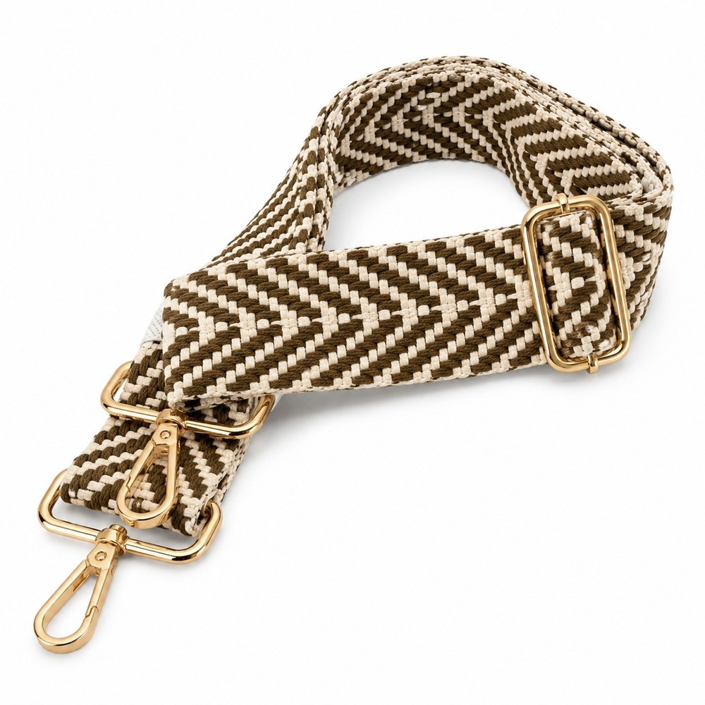 Adjustable Woven Guitar Style Purse Strap Brown Ivory Chevron Gold Tone NWT